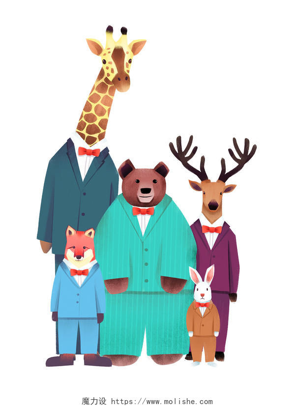 彩色卡通手绘动物合照世界动物日元素PNG素材